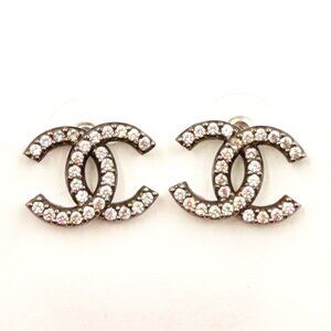 Chanel Gunmetal CC Crystal Medium Piercing Earrings